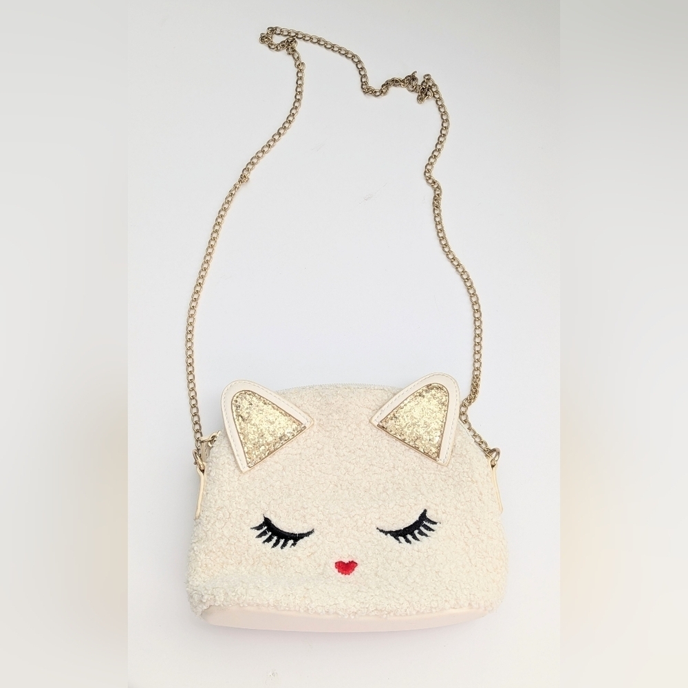 Adorable Girls' Cream Cat Face Crossbody Bag/Purse w/Gold Sequins & Chain